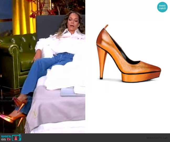 Tom Ford Laminated Cone Heel 120 Pump in Clementine & Mauve worn by Sunny Hostin on The View