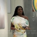 Trina’s abstract print off-shoulder dress on General Hospital