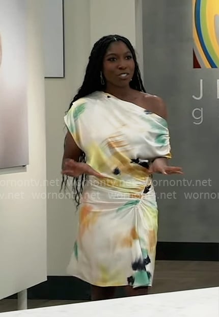 Trina's abstract print off-shoulder dress on General Hospital