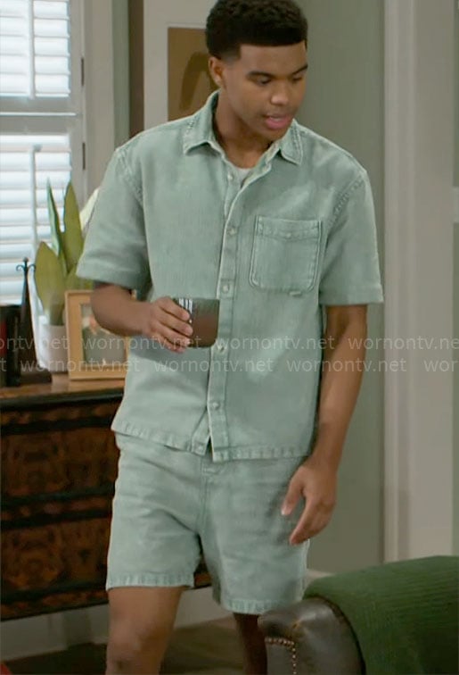 Tyrell’s green shirt and shorts set on Beyond the Gates