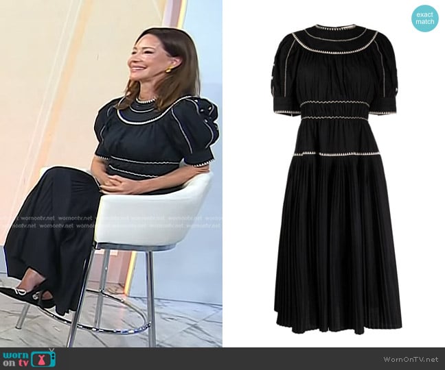Ulla Johnson Harriet Pleated Puff-Sleeve Embroidered Midi Dress worn by Dr. Samantha Boardman on Today