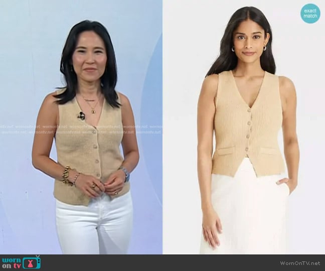 Universal Thread Button-Front Sweater Vest in Tan worn by Vicky Nguyen on Today