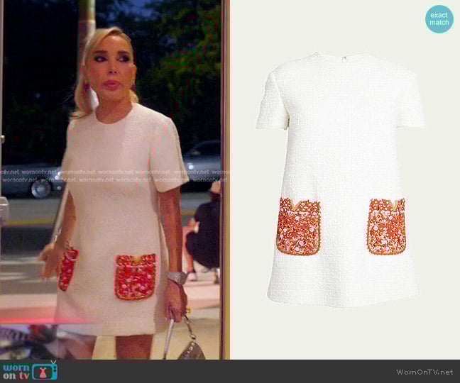 Valentino Garavani Coral V-Logo Embroidered Pocket Tweed Mini Shift Dress worn by Marysol Patton (Marysol Patton) on The Real Housewives of Miami