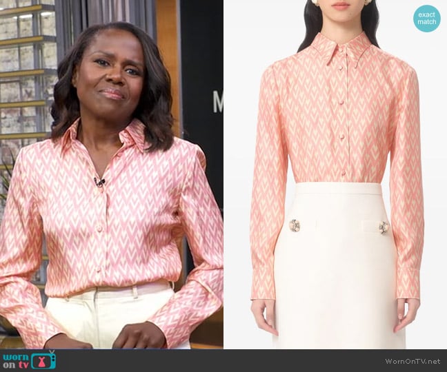 Valentino Garavani Toute La V Twill Shirt in Blush Rose Cream worn by Deborah Roberts on Good Morning America