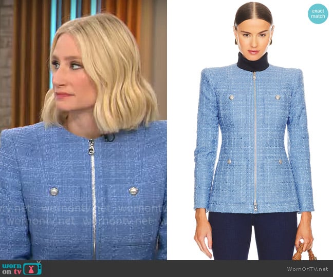 Veronica Beard Agni Jacket in Skylight worn by Caroline Polisi on CBS Mornings