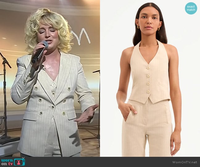 Veronica Beard Arabella Metallic Pinstripe Vest in Natural Gold worn by Cam on Today