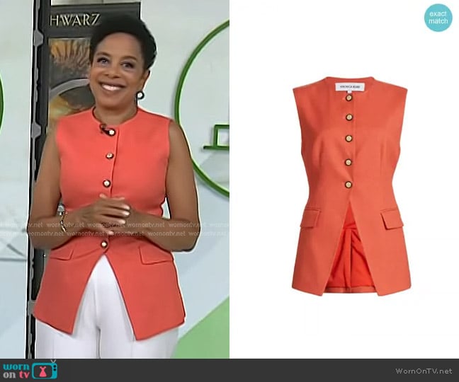 Veronica Beard Lois Linen-Blend Button-Front Vest in Persimmion worn by Sharon Epperson on Today