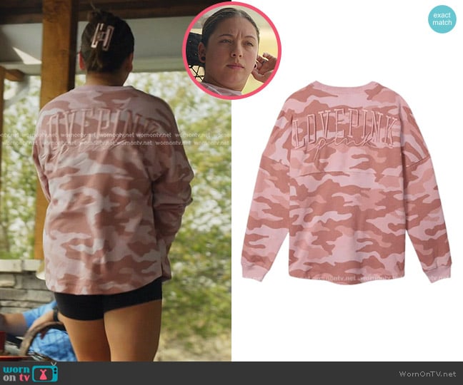 Victoria's Secret Oversize Varsity Crew Sweatshirt in Pink worn by Alli Ventresca on The McBee Dynasty Real American Cowboys