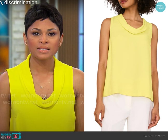 Vince Camuto Cowl Neck Sleeveless Blouse in Limoncello worn by Jericka Duncan on CBS Mornings