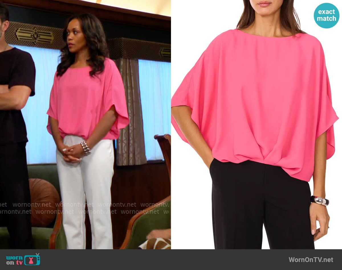 Vince Camuto Crépe de Chine Bubble Top in Pink Bliss worn by Amanda Sinclair (Mishael Morgan) on The Young and the Restless