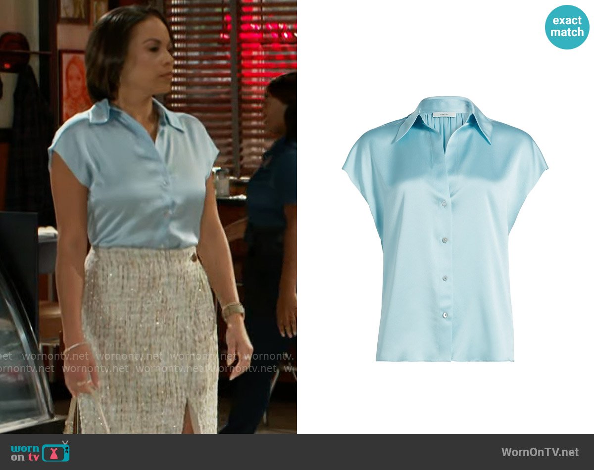 Nicole’s blue button down top on Beyond the Gates