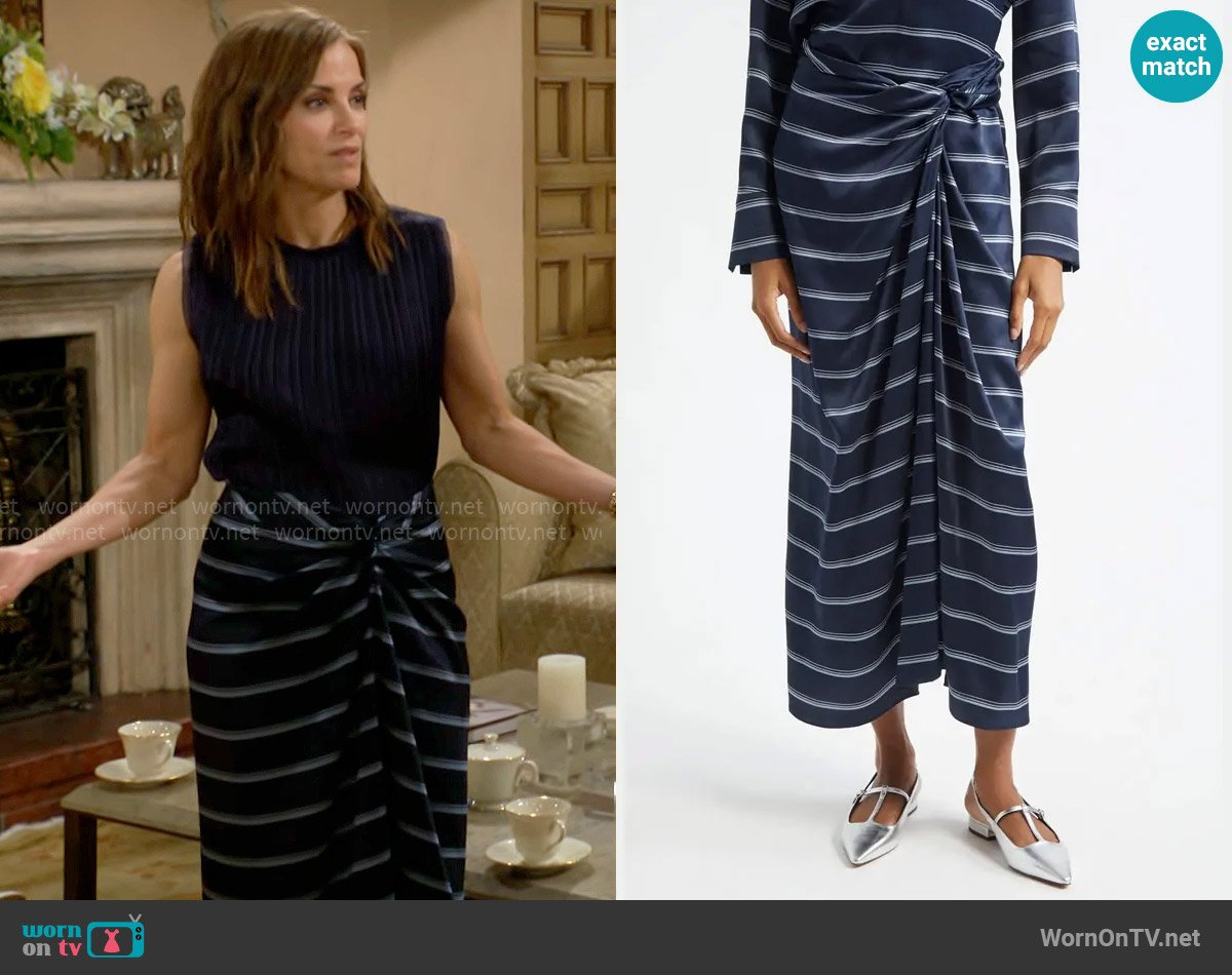 Vince Rugby Stripe Gathered Satin Skirt worn by Taylor Hayes (Rebecca Budig) on The Bold and the Beautiful
