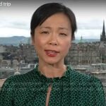 Weijia Jiang’s green geometric print dress on CBS Mornings