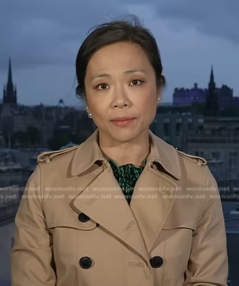 Weijia Jiang’s green print dress and trenc coat on CBS Evening News