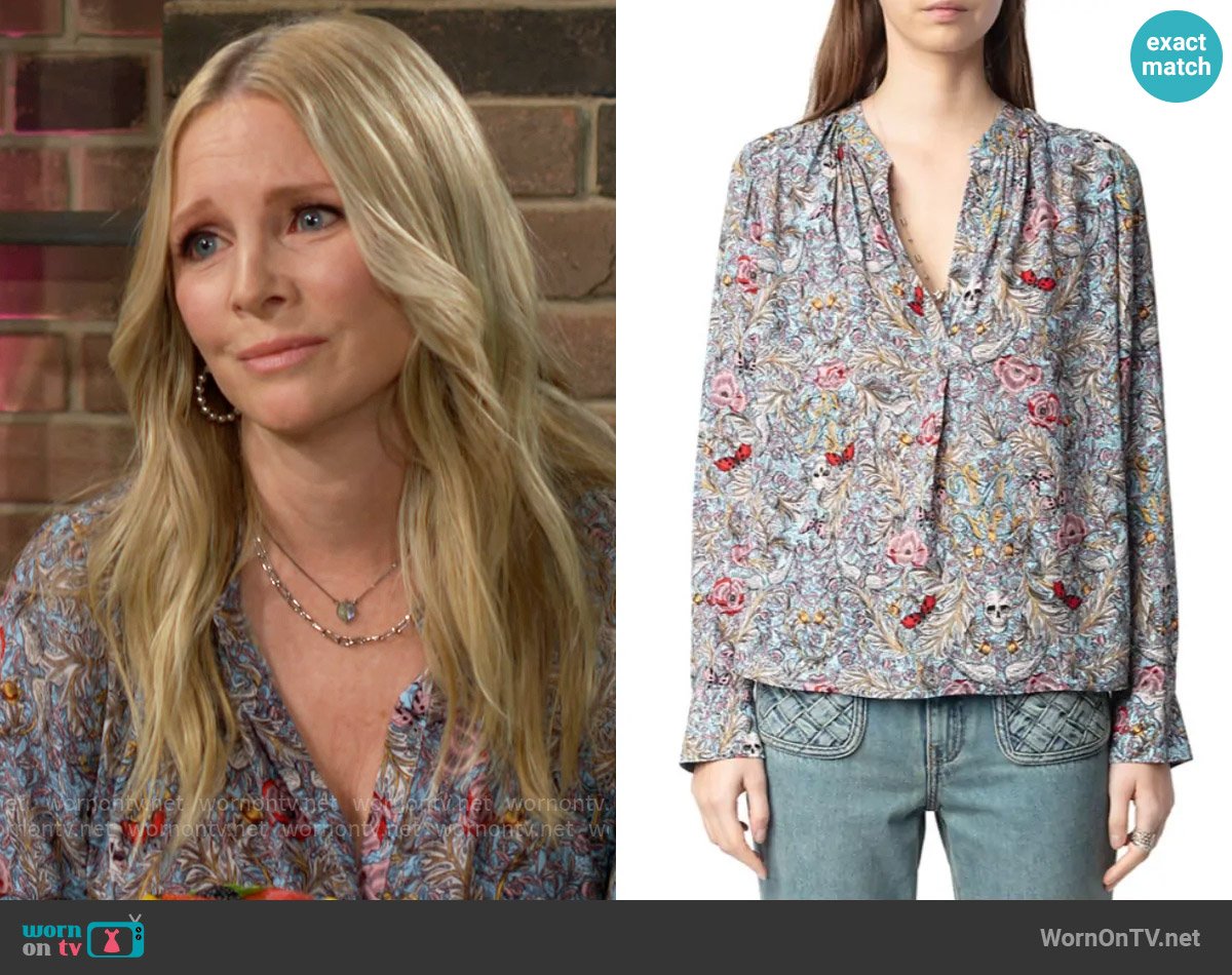 Zadig & Voltaire Tink Floral Top in Mist worn by Christine Blair Williams (Lauralee Bell) on The Young and the Restless