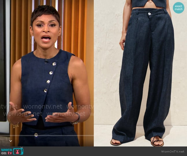 Zara 100% Linen Cross Waist Pants worn by Jericka Duncan on CBS Mornings