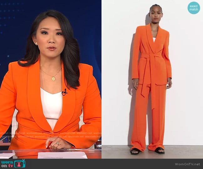Zara Belted Tuxedo Collar Blazer and Fluid High Waist Pants worn by Nancy Chen on CBS Evening News