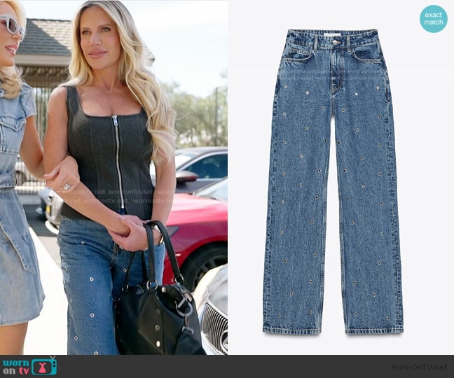 Zara High Waisted Straight Long Length Eyelet Jeans worn by Jennifer Pedranti on The Real Housewives of Orange County