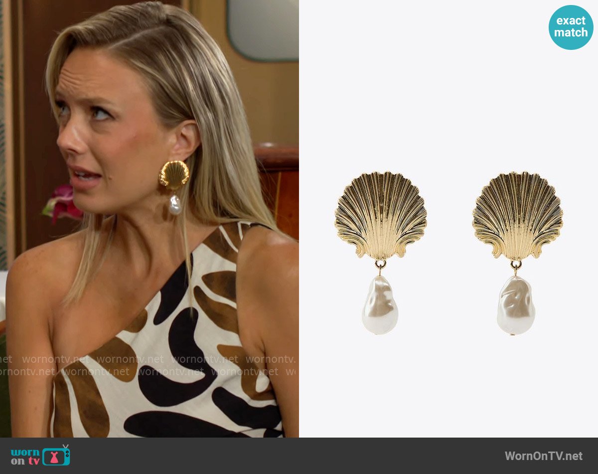 Zara Pearl and Shell Earrings worn by Abby Newman (Melissa Ordway) on The Young and the Restless