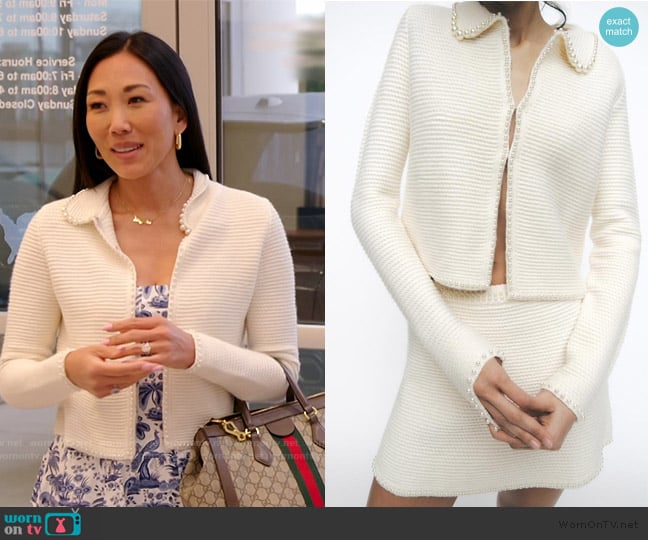 Zara Pearl Knit Cardigan worn by Katie Ginella on The Real Housewives of Orange County