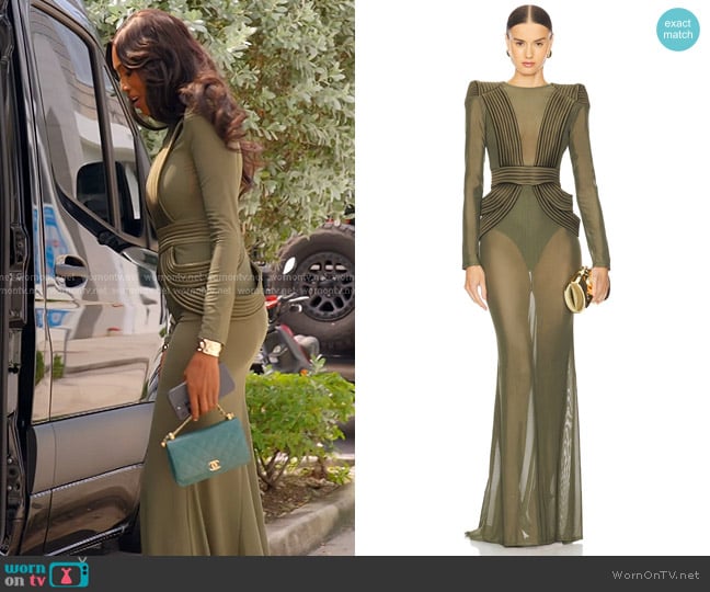 Zhivago Empty Streets Gown in Khaki worn by Kiki Barth (Kiki Barth) on The Real Housewives of Miami
