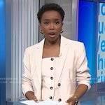 Zinhle’s beige strapless vest and blazer on NBC News Daily