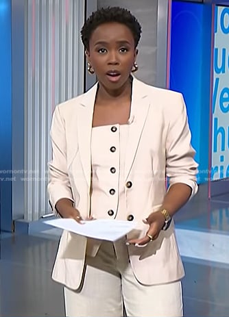 Zinhle’s beige strapless vest and blazer on NBC News Daily