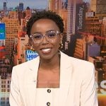 Zinhle’s beige strapless vest and blazer on NBC News Daily