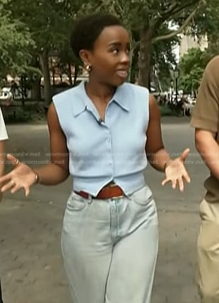 Zinhle's blue sleeveless sweater on NBC News Daily