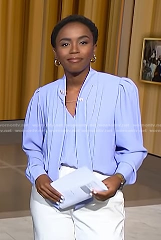 Zinhle’s lavender tie neck blouse on NBC News Daily