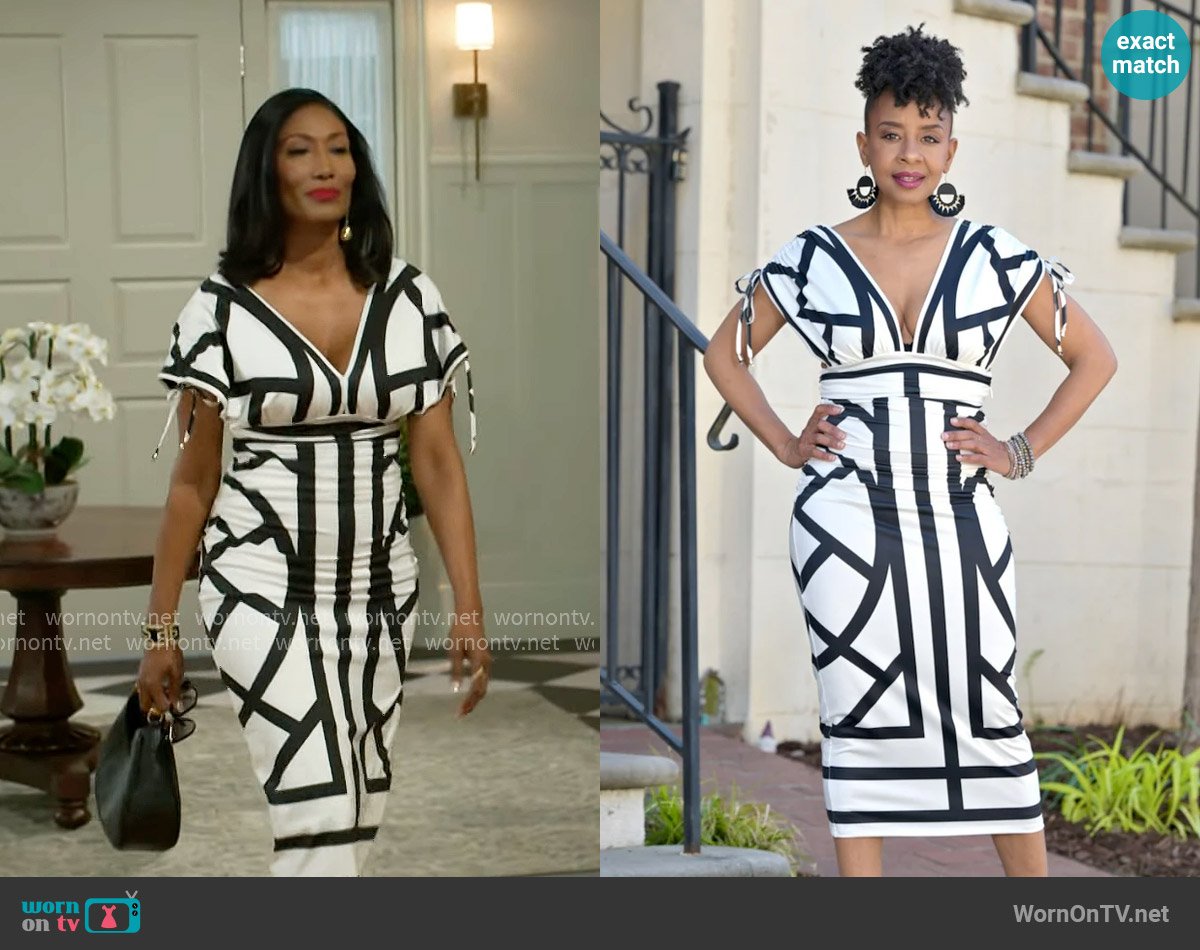  Abstract Plunging Neckline Midi Dress from Pink Sky Boutique worn by Dana 'Leslie' Thomas (Trisha Mann-Grant) on Beyond the Gates