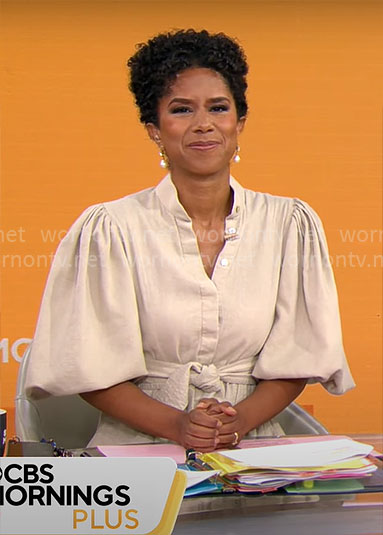 Adriana Diaz’s beige puff-sleeve dress on CBS Mornings