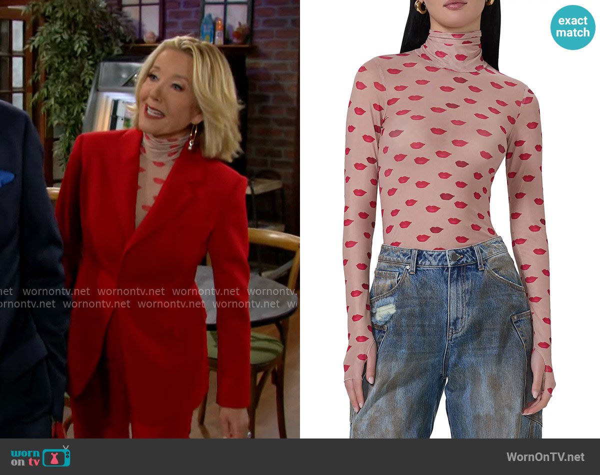 AFRM Zadie Print Turtleneck Mesh Top in Almond Kiss worn by Nikki Reed Newman (Melody Thomas-Scott) on The Young and the Restless