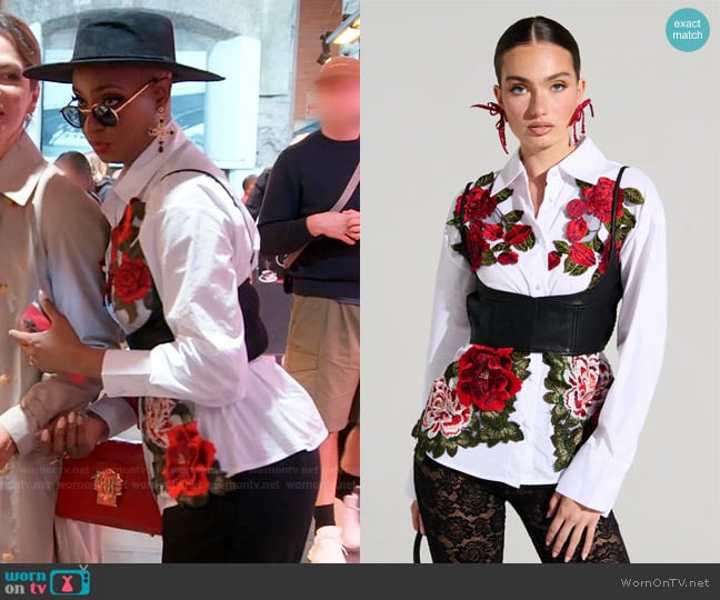 Akira Rosa Corset Detail Button Bown Blouse worn by Guerdy Abraira (Guerdy Abraira) on The Real Housewives of Miami