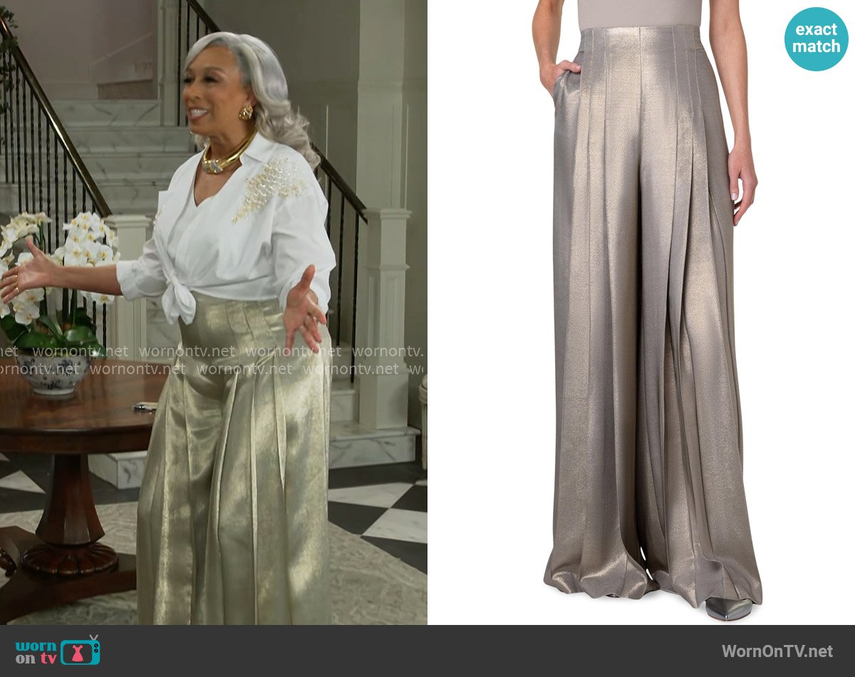 Akris Miyuki Metallic Wide-Leg Pleated Silk Pants worn by Anita Dupree (Tamara Tunie) on Beyond the Gates