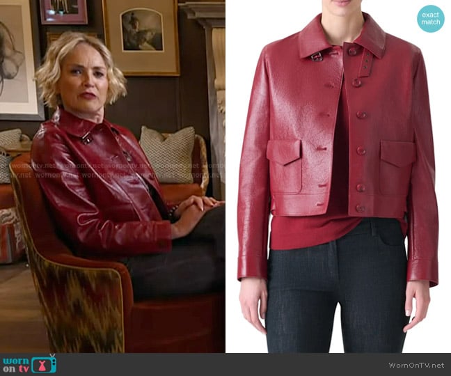 Akris Peer Lacqured Leather Crop Jacket in Ruby Red worn by Sharon Stone on Today