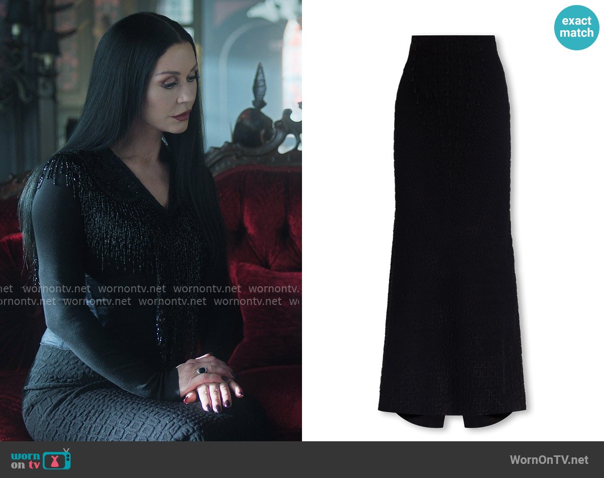 Alaia Maxi skirt with animal motif worn by Morticia Addams (Catherine Zeta-Jones) on Wednesday