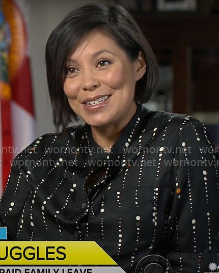 Alex Wagner’s black dot print shirt on CBS Mornings