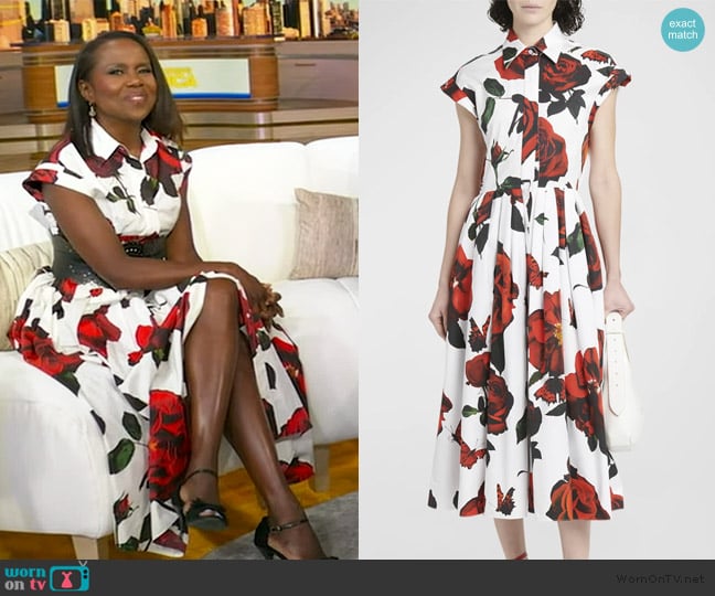 Alexander McQueen Floral-Print Pleated Cap-Sleeve Midi Shirtdress worn by Deborah Roberts on Good Morning America