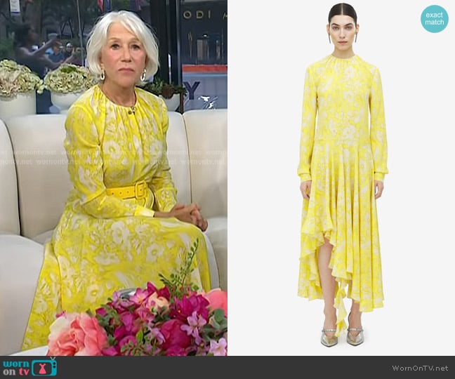 Alexander McQueen Warped Floral Asymmetric Dress in Yellow worn by Helen Mirren on Today