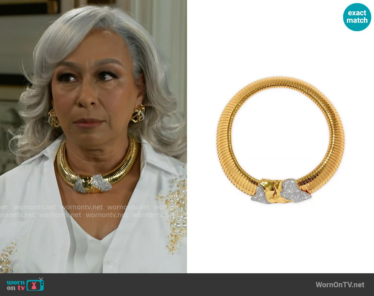 Alexis Bittar Solanales Gold Tubogas Collar Necklace worn by Anita Dupree (Tamara Tunie) on Beyond the Gates