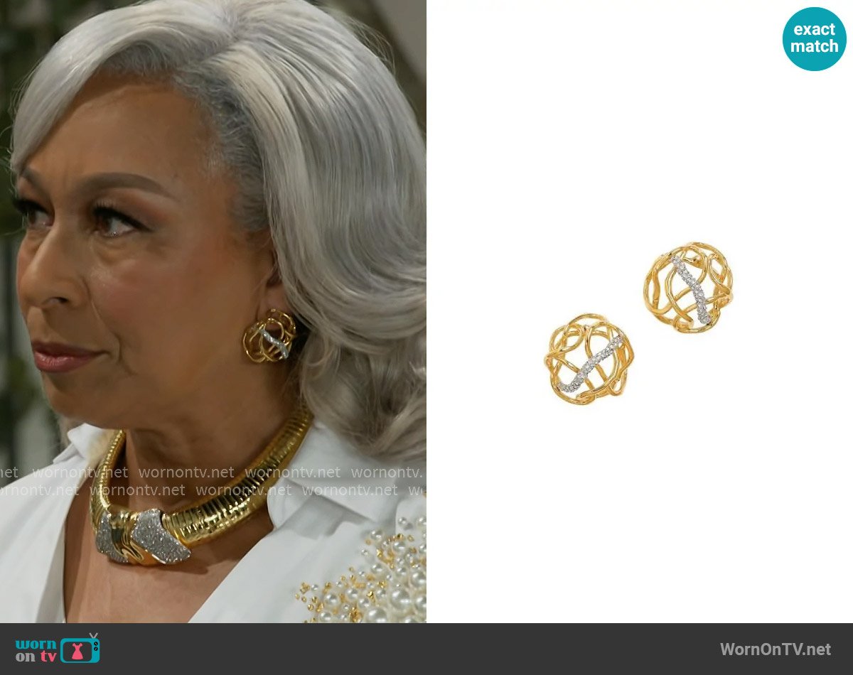 Alexis Bittar Solanales Two-Tone & Crystal Twisted Button Stud Earrings worn by Anita Dupree (Tamara Tunie) on Beyond the Gates