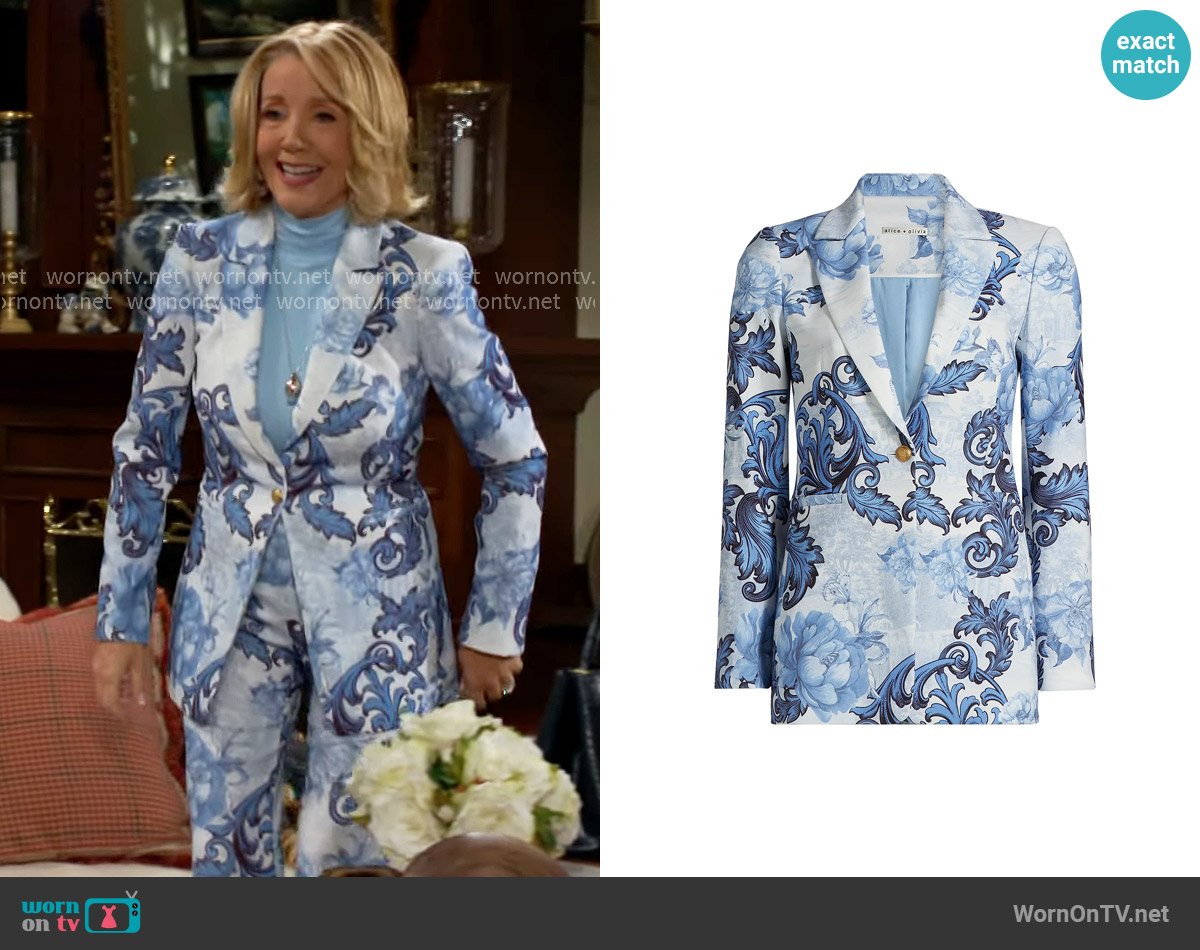 Alice + Olivia Breann Blazer in Scroll Symphony worn by Nikki Reed Newman (Melody Thomas-Scott) on The Young and the Restless