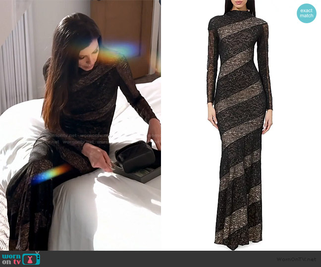 Alice + Olivia Delora Lace Paneled Mock-Neck Midi Dress worn by Heather Dubrow on The Real Housewives of Orange County