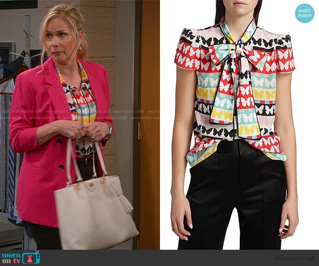 Alice + Olivia Jeannie Butterfly Tie-Neck Top worn by Leanne Murphy (Leanne Morgan) on Leanne