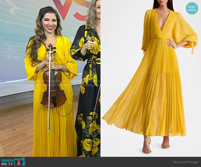 Alice + Olivia Nya Deep V Pleated Chiffon Maxi Dress in Golden Hour worn by Leah Zeger on Today