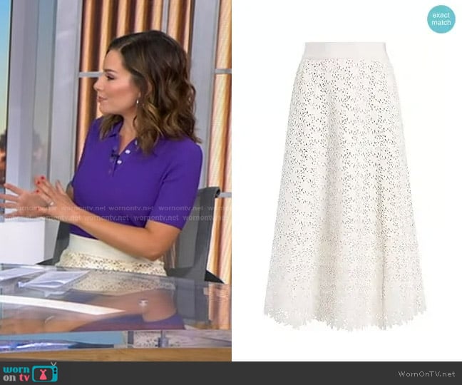 Alice + Olivia Sosie Leather Midi Skirt worn by Rebecca Jarvis on Good Morning America