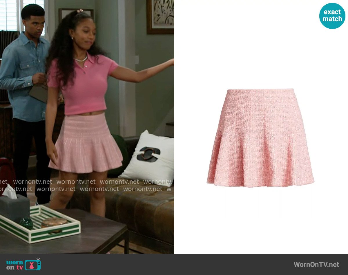 Alice + Olivia Zona Tweed Godet Miniskirt worn by Samantha Richardson (Najah Jackson) on Beyond the Gates