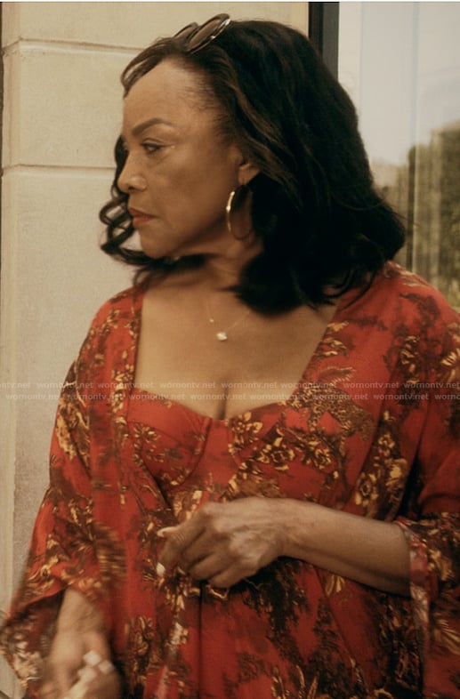 Alicia’s red printed swimsuit and coverup on The Chi