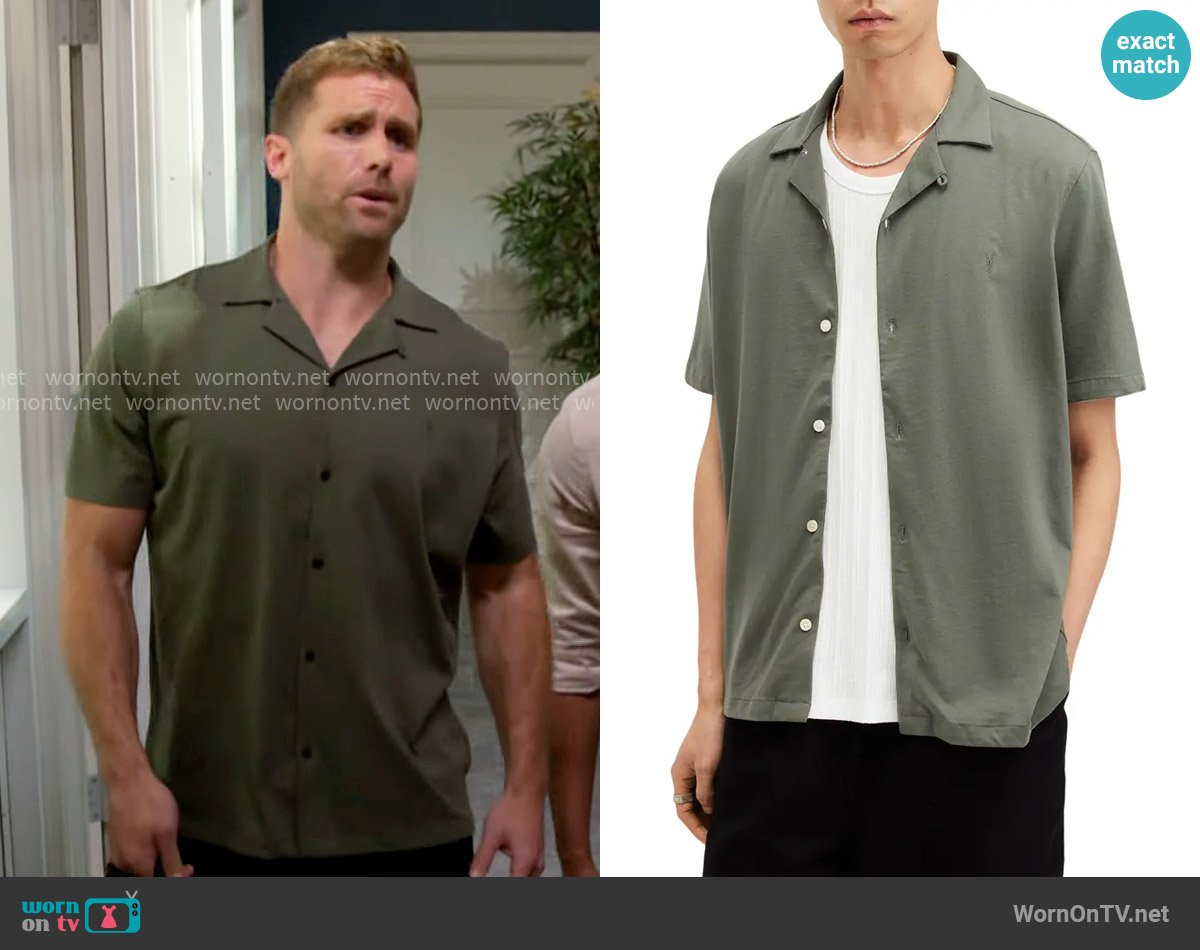 All Saints Hudson Camp Shirt in Valley Green worn by Derek Baldwin (Ben Gavin) on Beyond the Gates